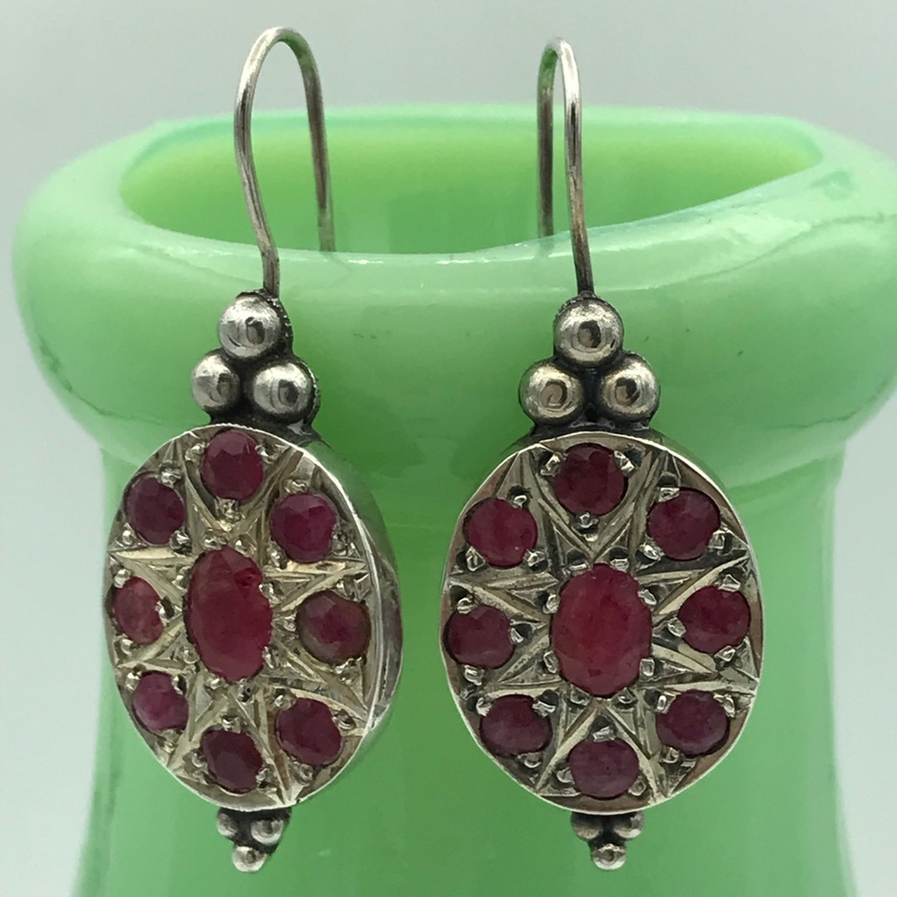 Sterling Silver Drop Earrings with Ruby-Red Stones